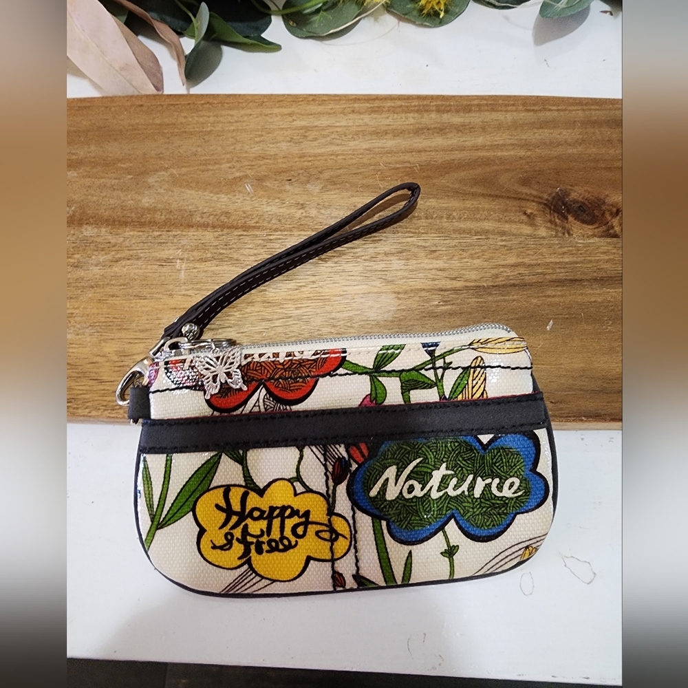 SAKROOTS Wristlet  Coated Canvas Floral Nature Birds Happy & Free and Peace